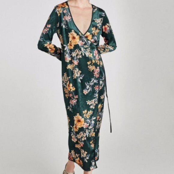 ZARA Velvet‎ Floral Kimono Wrap Dress Women Size Medium - Picture 9 of 11
